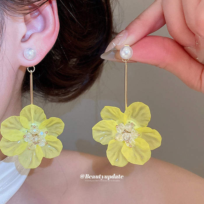 Yellow Fabric Flower Drop Earrings with Pearl Studs