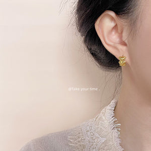 Gold Ribbed Stacked Heart Stud Earrings Textured Pair