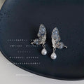 Silver Crystal Butterfly Stud Earrings Teardrop Pearl Drops view 3
