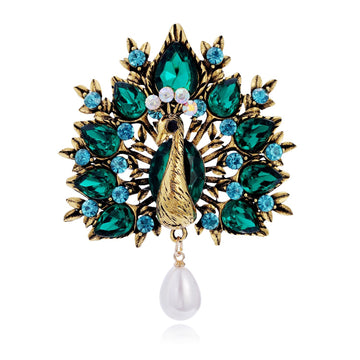 Green Peacock Tassel Crystal Metal Brooch Pin for Jackets and Lapels