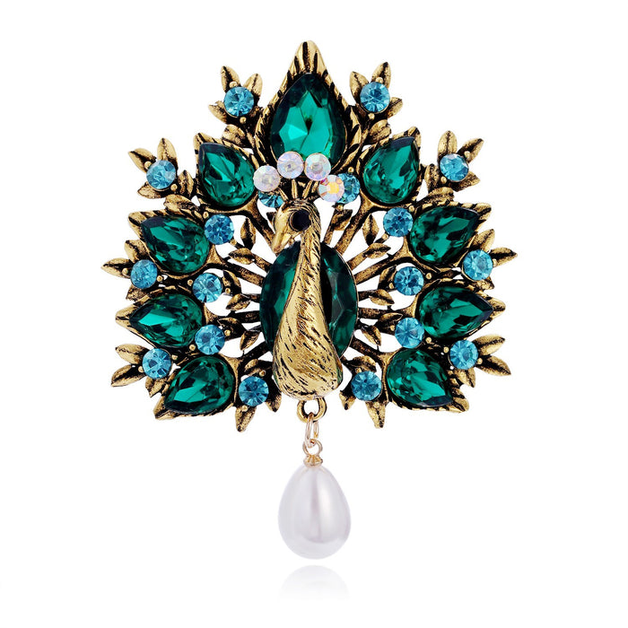 Green Peacock Tassel Crystal Metal Brooch Pin for Jackets and Lapels