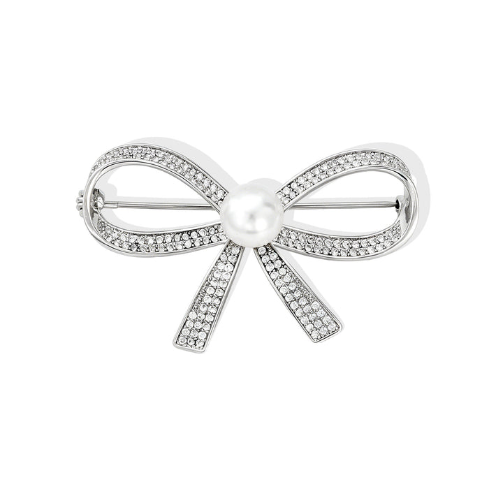 Silver Tone Crystal Bow Pearl Look Metal Brooch Pin