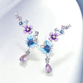Blue Purple Enamel Butterfly Flower Drop Earrings White Metal view 2
