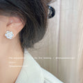 White Camellia Flower Stud Earrings Pearl Center Gold Tone Rim view 2