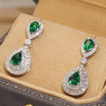 Silver Tone Green Teardrop CZ Halo Drop Earrings Pair view 2