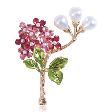 Enamel Flower Branch Brooch Pearl Buds Green Leaves Gold Tone