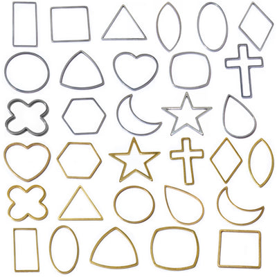 Front overview of open geometric frame charms in gold and silver tones arranged on a light background