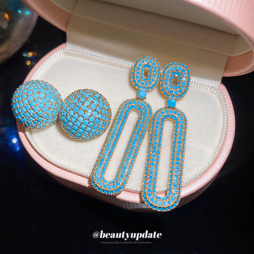 Blue Crystal Stud Earrings in Round and Open Rectangle Shapes