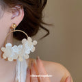 White Floral Gold Tone Large Hoop Earrings Statement Jewelry view 3