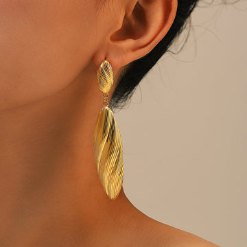 Long Brushed Stripe Leaf Drop Stud Earrings Gold Steel