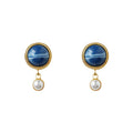 Blue Round Cabochon Stud Earrings Pearl Drop Bezel view 5