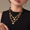 Gold Hollow Heart Station Necklace Zircon Center Charm view 4