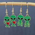 Green Enamel Alien Fishhook Dangle Earrings Two Styles view 3