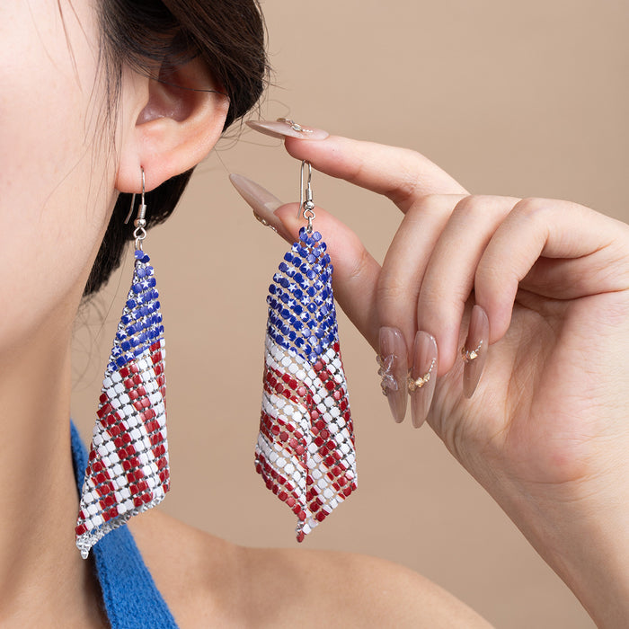 Blue Red and White Flag Pattern Mesh Long Hook Earrings