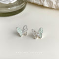 Silver Butterfly Stud Earrings Mint Enamel Crystal Wing view 4
