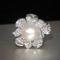 Silver Tone Camellia Flower Pearl Ring Pave CZ Sizes 6-10 view 2