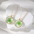 Gold Tone Round Pressed Flower Resin Long Hook Earrings in Ten Styles view 12