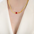 Gold Herringbone Necklace Bracelet Oval Glass Zircon Center view 4