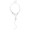 Silver Tone Cross Pendant Necklace with Layered White Beads view 5