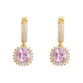 Gold Pavé Huggie Pink Cushion Stone Halo Drop Earrings view 5