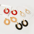 Gold Tone Oval Beaded Hoop Drop Earrings Seed Bead Cascade view 1