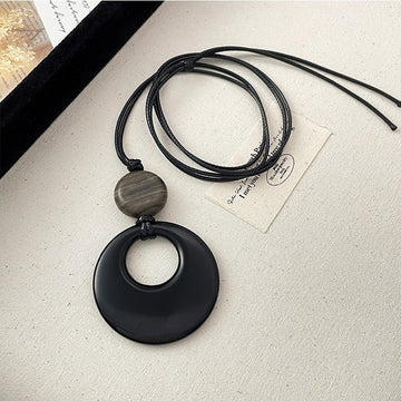 Black Ring Gray Wood Disc Cord Pendant Necklace Piece