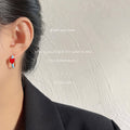 Gold Tone Aqua Ribbon Red Heart Huggie Hoop Earrings view 3