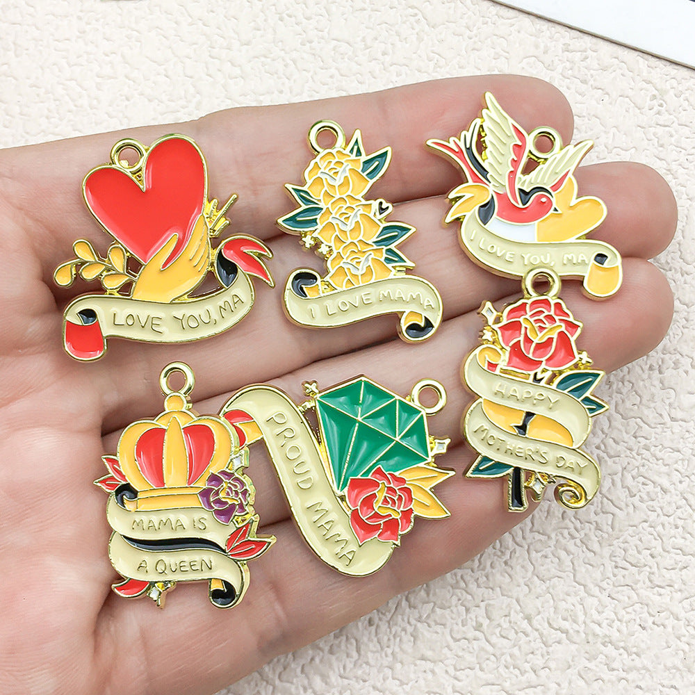 Enamel Zinc Alloy Carnation Heart Charm Pendant for DIY Mother's Day Bracelet Necklace