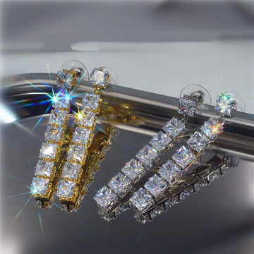 Square Clear CZ Linear Drop Stud Earrings Gold Silver