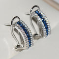 Blue And Clear Triple-Row Curved Clip Earrings In Silver Tone view 2