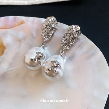 Silver Tone Crystal Leaf Studs With Large Faux Pearl Drops