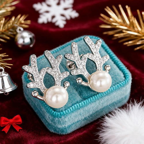 Image 2 showing pearl reindeer blue antler stud earrings