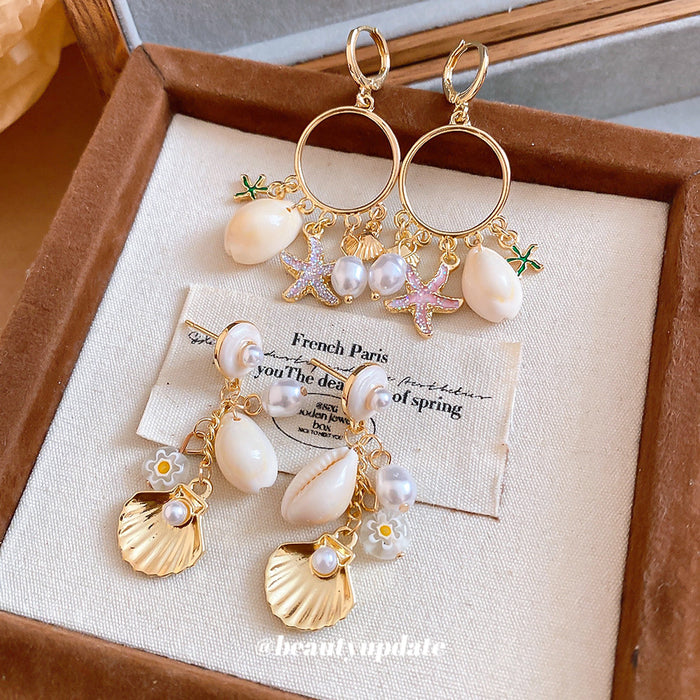 Shell Pearl and Starfish Charm Drop Earrings Two Styles