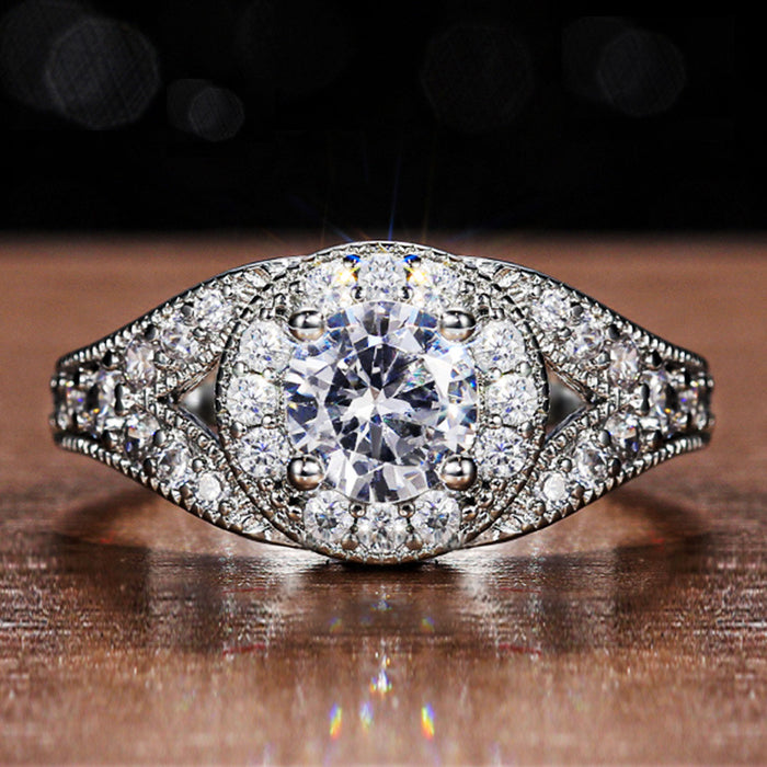 Silver Tone Round Cluster Clear Stone Wide Shoulder Ring