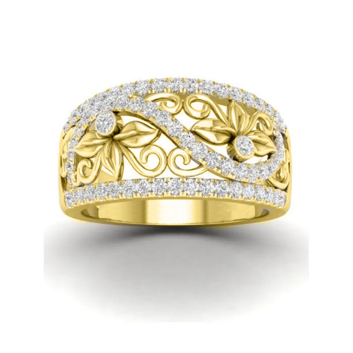 Gold Openwork Floral Scroll Pavé Band Ring Sizes Alloy