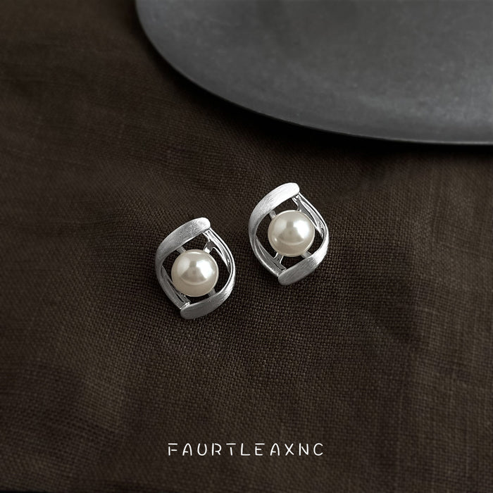 Silver-Tone Brushed Geometric Frame Pearl Stud Earrings