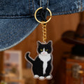 Black And White Cat Flat Acrylic Keychain With Gold Tone Ring view 3