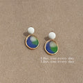 White Disc Blue Green Enamel Oval Drop Earrings Gold Frame view 1