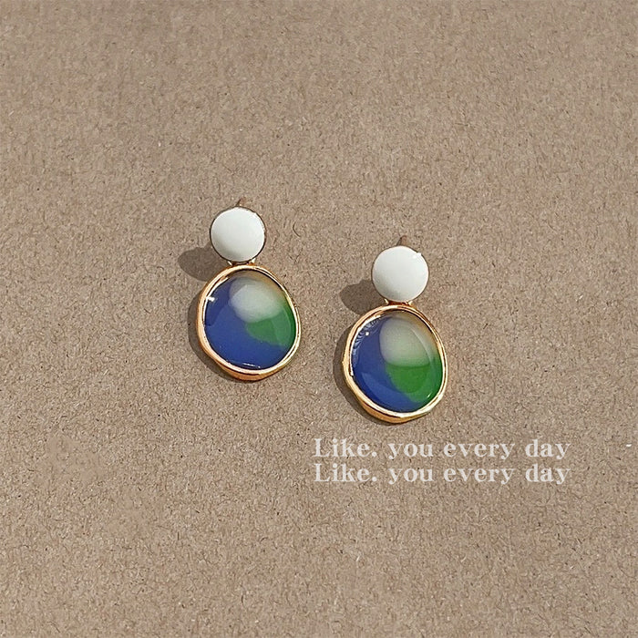 White Disc Blue Green Enamel Oval Drop Earrings Gold Frame
