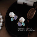 White Pearl Lavender Aqua Cabochon Cluster Stud Earrings Pair view 3