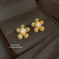 Gold Textured Flower Stud Earrings Clear Crystal Center view 4