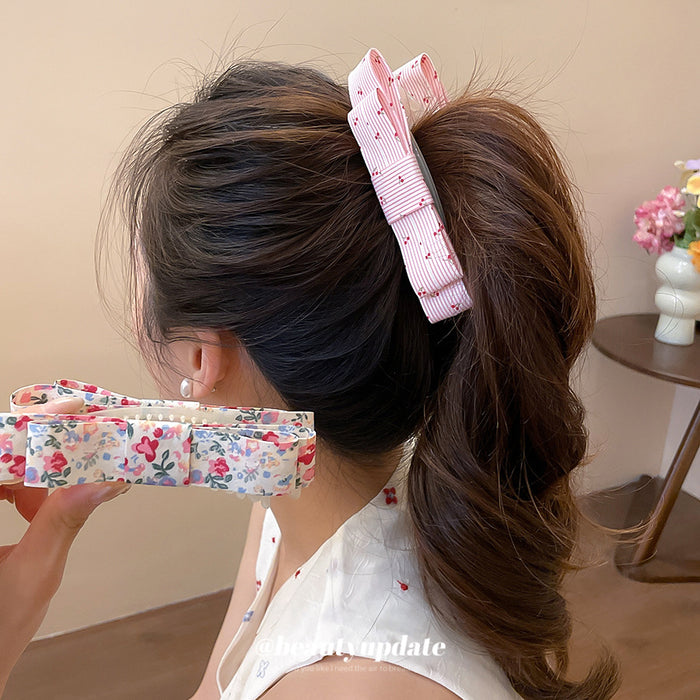 Fabric Floral And Cherry Stripe Bow Twist Hair Clips