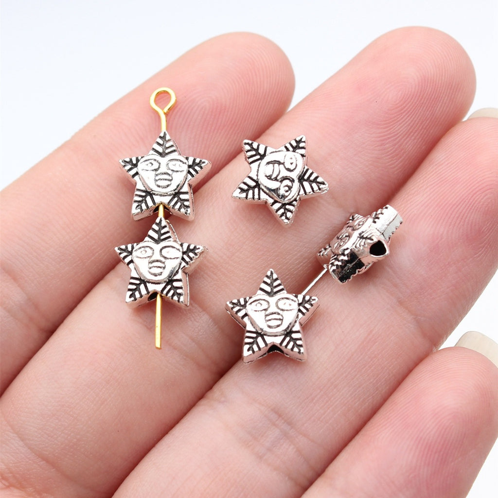 10x10x4.7mm 1.15g Antique Silver Zinc Alloy Leaf Face Star Small Hole Spacer Beads for Bracelet Making