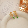 Green Floral Leaf Gold Tone Long Dangle Stud Earrings view 2