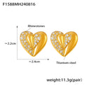 Gold Steel Rhinestone Paved Heart Stud Earrings Pair view 7