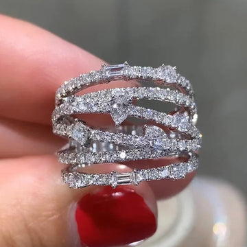Extra-Wide Multi-Rail Clear Stone Statement Ring In Silver Tone