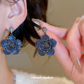 Deep Blue Crystal Layered Floral Statement Drop Earrings view 2