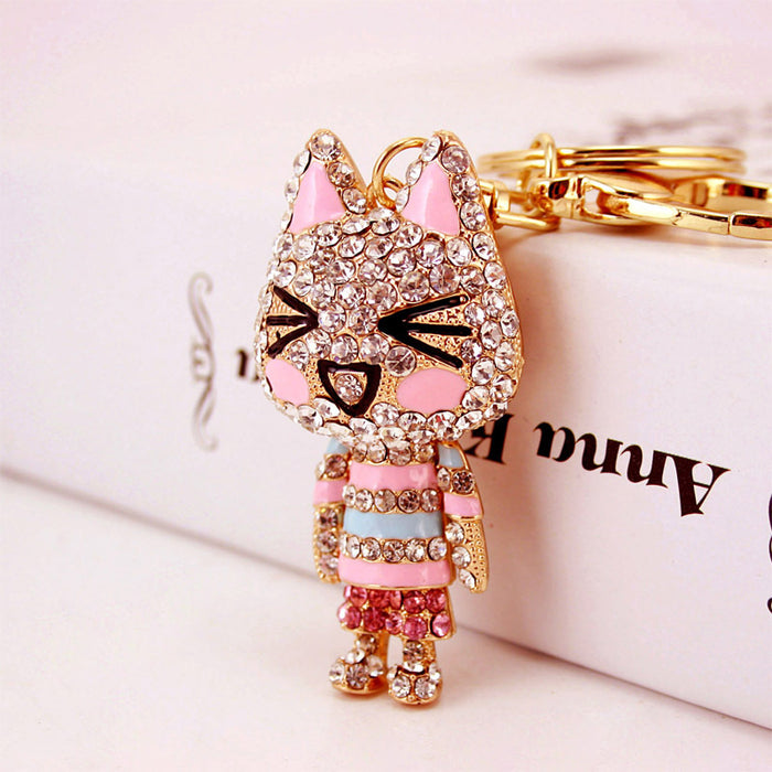 Cute Rhinestone Squinting Cat Car Keychain Bag Charm