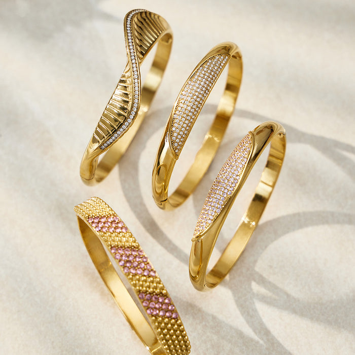 Zircon Pave Stainless Steel Hinge Bangles Gold Or Steel