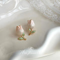 Pink Gradient Tulip Bud Stud Earrings Gold Stem Mint Leaves view 1